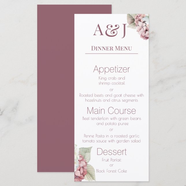 Monogram Initials Pink & White Hydrangea Flowers Menu (Front/Back)
