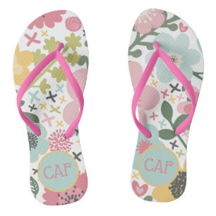 Monogram Initials Pink Yellow Blue Green Floral  Flip Flops