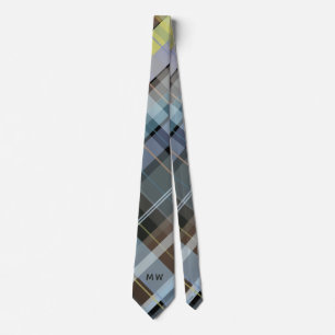 Monogram Initials Plaid Dusty Blue Grey Brown Chic Tie