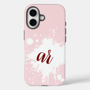 Monogram Initials Powder Pink White Splatter Girly iPhone 16 Case