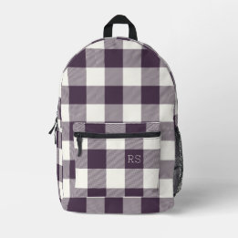 Monogram Initials Purple Gingham Buffalo Check Printed Backpack