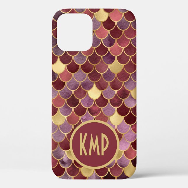 Monogram Initials Purple Gold Red Mermaid Scales  Case-Mate iPhone Case (Back)