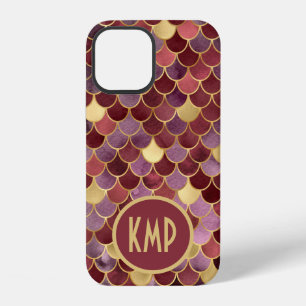 Monogram Initials Purple Gold Red Mermaid Scales  iPhone 12 Case
