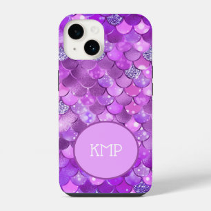 Monogram Initials Purple Silver Mermaid Scales iPhone 14 Case
