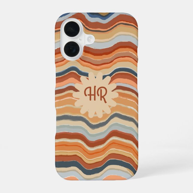 Monogram Initials Retro Stripes Waves Orange Blue iPhone 16 Case (Back)