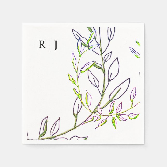 Monogram Initials Sage Green Leaves Artsy Wedding Napkin (Front)