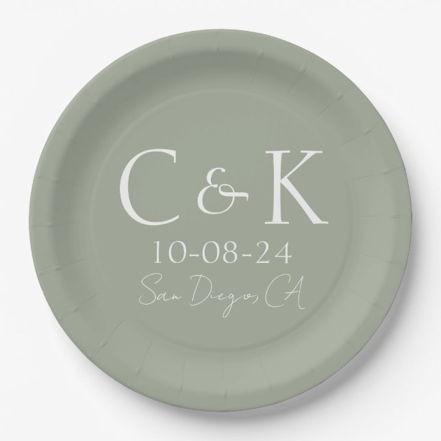 Monogram Initials Sage Green Wedding Paper Plate (Front)