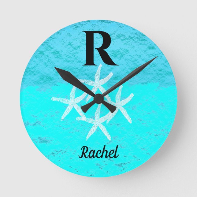 Monogram Initials Starfish Teal Turquoise Pastel Round Clock (Front)