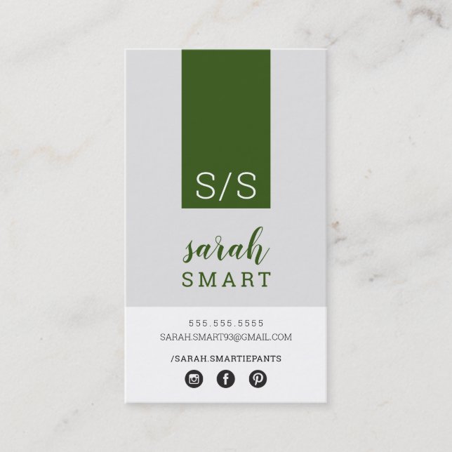 MONOGRAM INITIALS tab modern army grey white Business Card (Front)