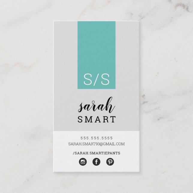 MONOGRAM INITIALS tab modern jade black white Business Card (Front)