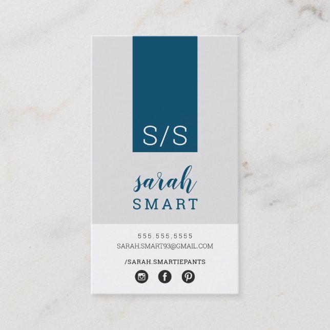 MONOGRAM INITIALS tab modern navy grey white Business Card (Front)