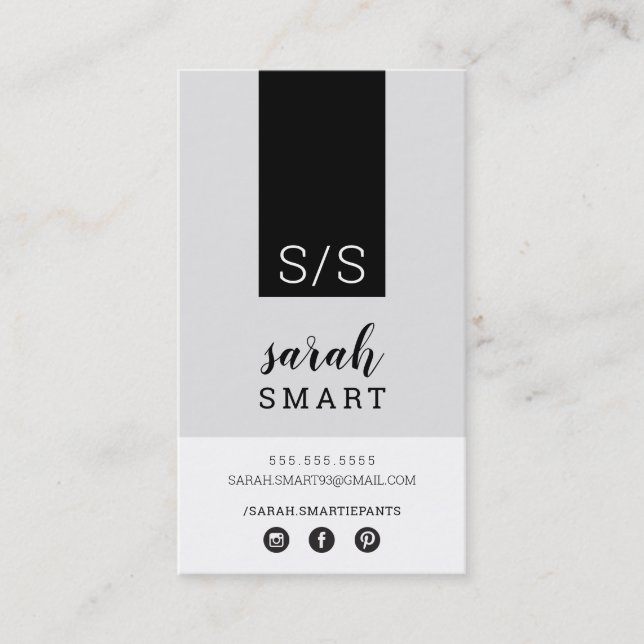 MONOGRAM INITIALS tab modern white black grey Business Card (Front)