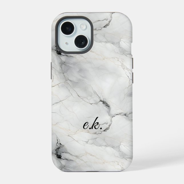 Monogram Initials white grey black gold marble  iPhone 15 Case (Back)