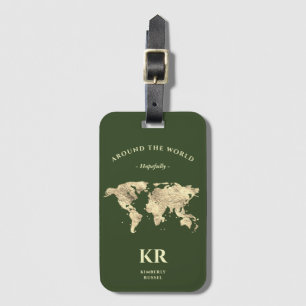 Monogram Initials World Map Forest Green Luggage Tag