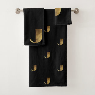 Monogram J Black and Gold Look Elegant Typography Bath Towel Set