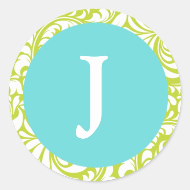 Monogram J Chartreuse Pale Blue Personalizable Wed Classic Round Sticker (Front)
