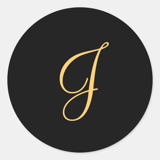 Monogram J, gold coloured initial J on black, Classic Round Sticker (Front)