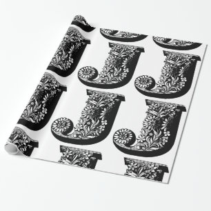 Monogram J Initial Black and White Floral Pattern Wrapping Paper