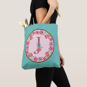 Monogram J Letter with Peony Flower Image Tote Bag