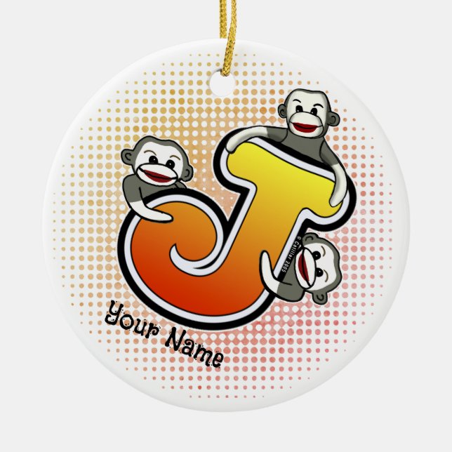 Monogram J Sock Monkey  Ceramic Ornament (Front)