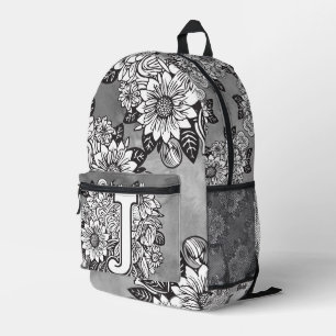 Monogram "J" Sunflower Pattern Black and White DIY Printed Backpack