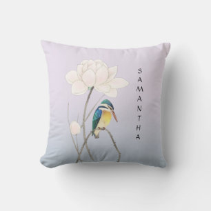 Monogram Japanese Vintage Kingfisher Throw Pillow