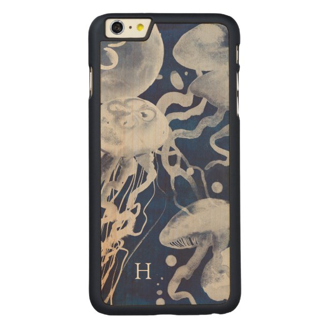Monogram | Jellyfish on Navy Background Carved Wood iPhone Case (Back)