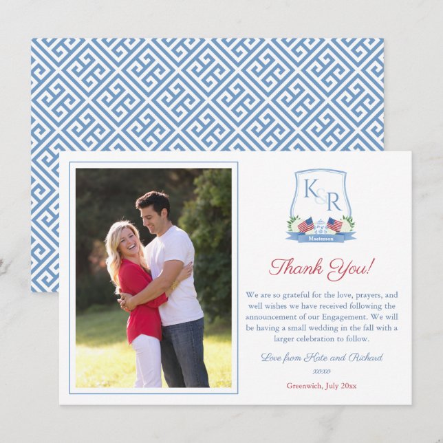 Monogram July 4th Engagement Wedding Party Photo Thank You Card (Front/Back)