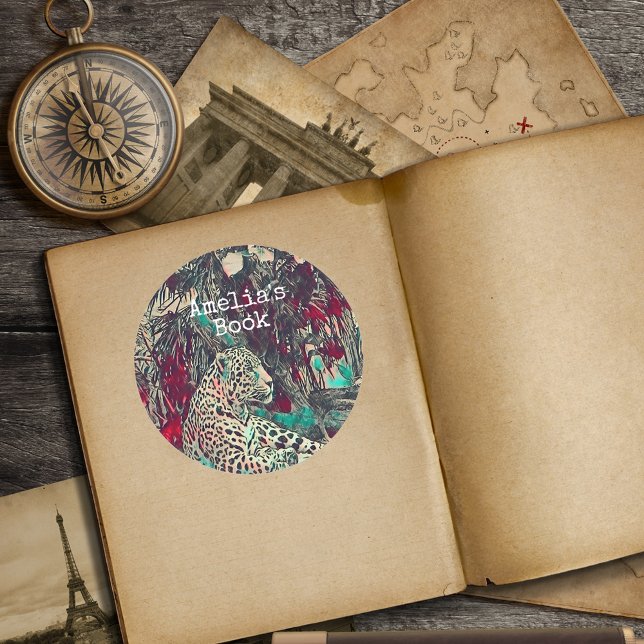 Monogram Jungle Cat Bookplate Classic Round Sticker (Creator Uploaded)