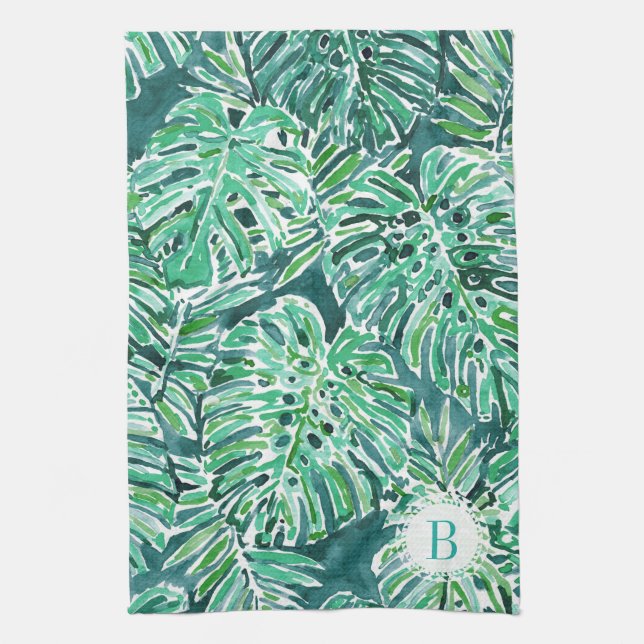 Monogram JUNGLE VIBES Green Tropical Monstera Kitchen Towel (Vertical)