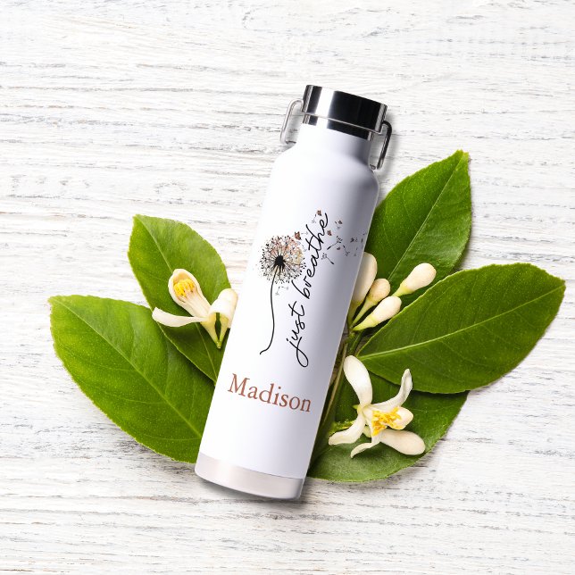 Monogram Just Breathe Dandelion Yoga Self Care Water Bottle (Just Breathe Motivational Inspirational Encouragement Monogrammed Water bottle Self Care Yoga)