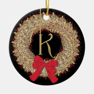 Monogram K Christmas Wreath Snowflakes Ceramic Ornament