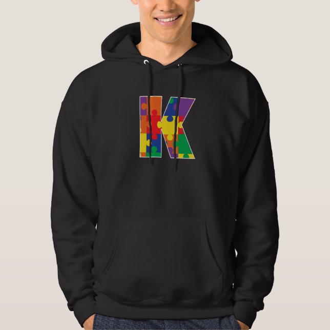 Monogram K in Multi Color Puzzle Pieces Hoodie (Front)
