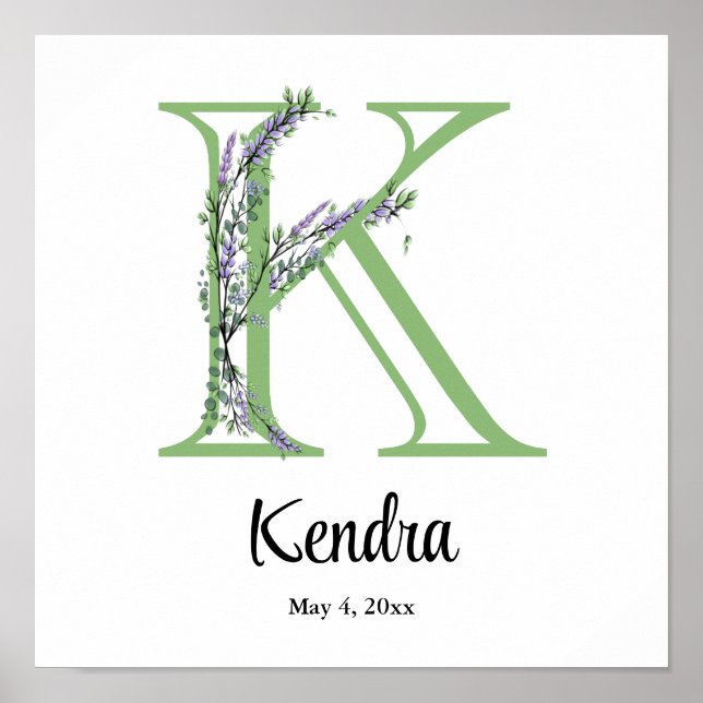 Monogram K Lavender Eucalyptus nursery  Poster (Front)
