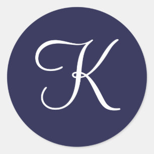 Monogram K, White on Navy Blue, Classic Round Sticker