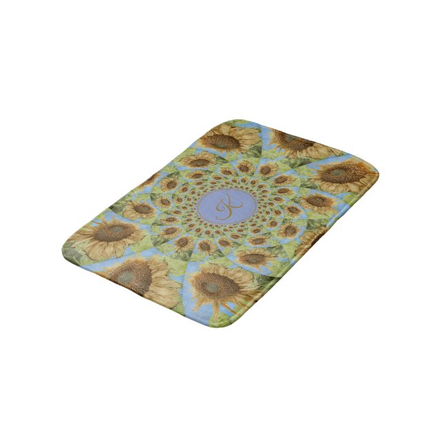 Monogram Kaleidoscope Textured Yellow Sunflower Bath Mat (Angled)