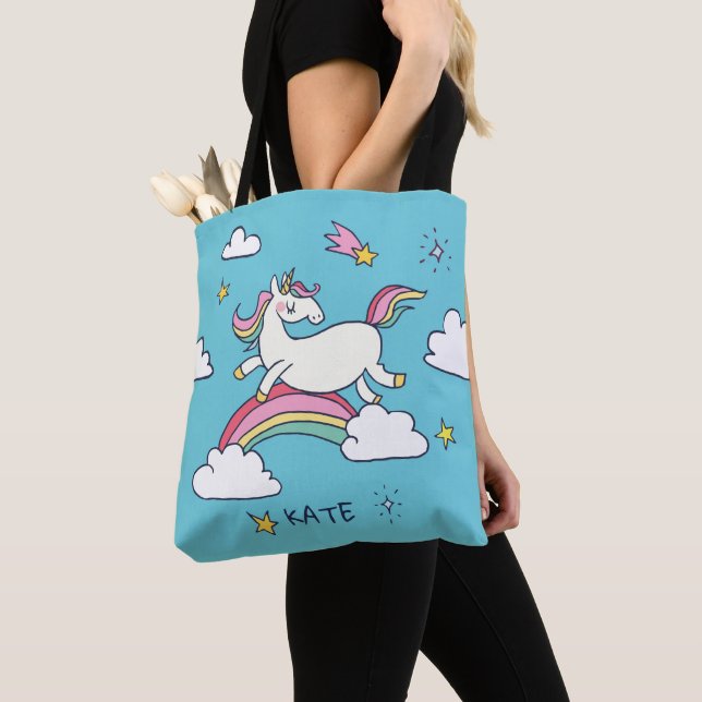 Monogram. Kawaii Cute Doodle Rainbow Unicorn Tote Bag (Close Up)