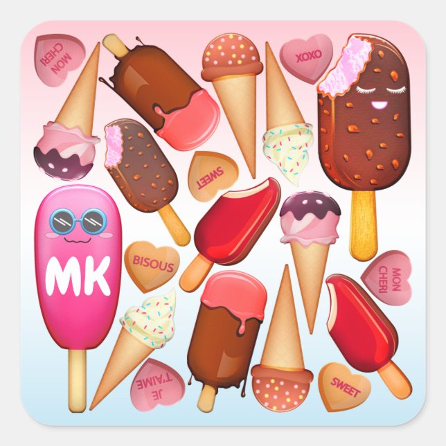 Monogram Kawaii Ice Cream Cone Popsicle Treats Square Sticker (Front)