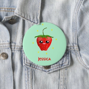 Monogram kawaii strawberry fruit on turquoise 4 inch round button