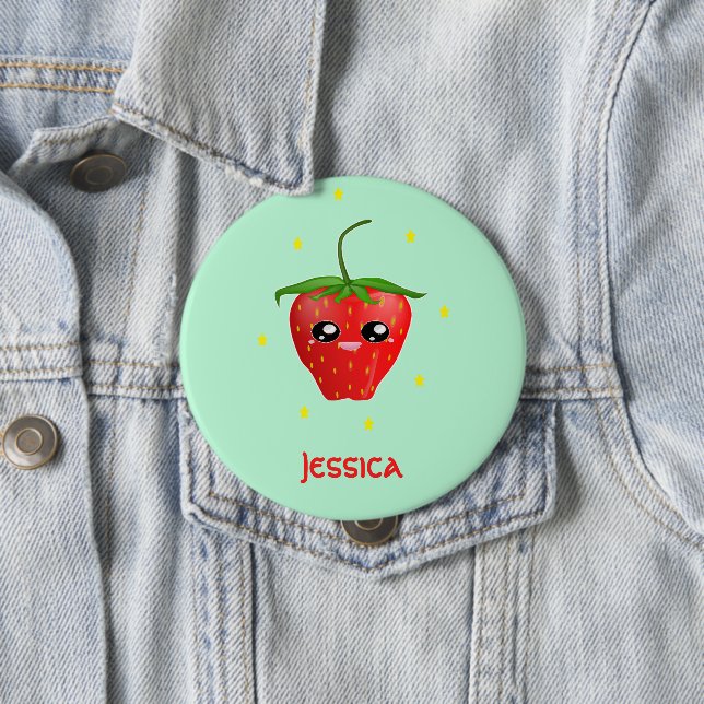 Monogram kawaii strawberry fruit on turquoise 4 inch round button (In Situ)