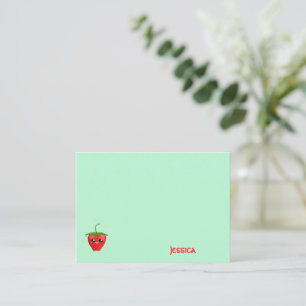 Monogram kawaii strawberry fruit on turquoise card