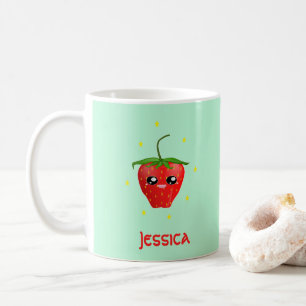 Monogram kawaii strawberry fruit on turquoise coffee mug
