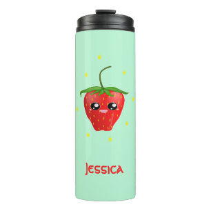 Monogram kawaii strawberry fruit on turquoise thermal tumbler