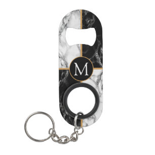 Monogram Keychain Bottle Opener Black White Marble