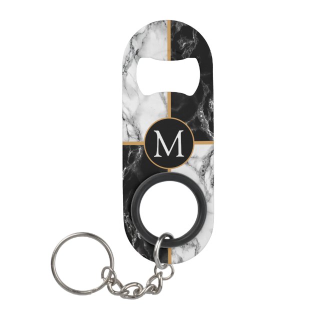 Monogram Keychain Bottle Opener Black White Marble (Front)