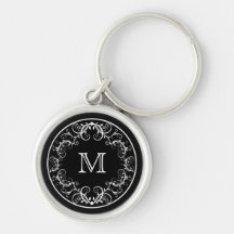 Monogram Keychain Elegant Floral Black and White