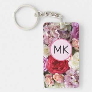 Monogram keychain with pink and red flowers