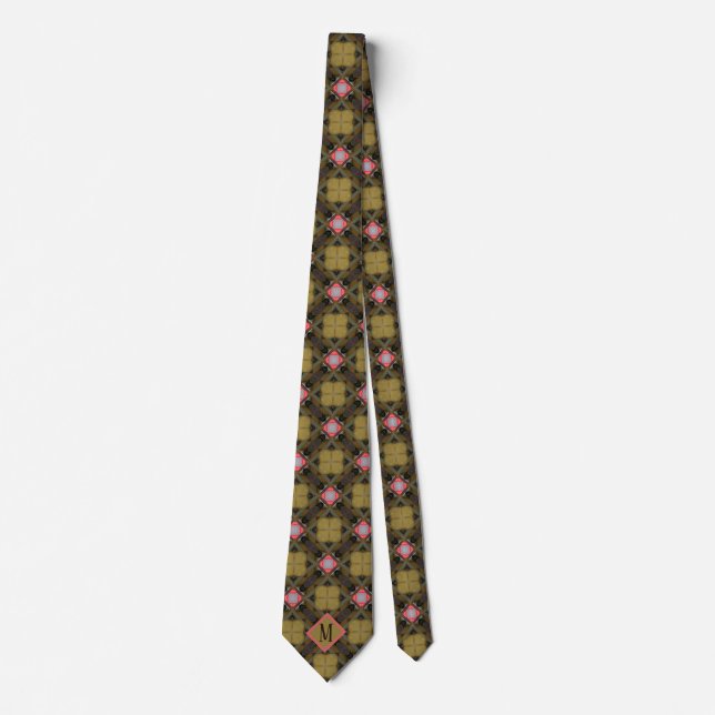 Monogram Khaki & Coral Unique Pattern Design Men's Tie (Front)