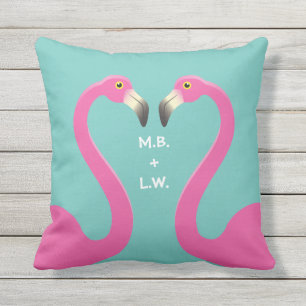 Monogram Kissing Flamingo Turquoise Outdoor Pillow
