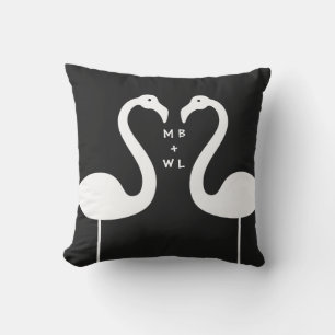 Monogram Kissing Flamingos Black Outdoor Pillow